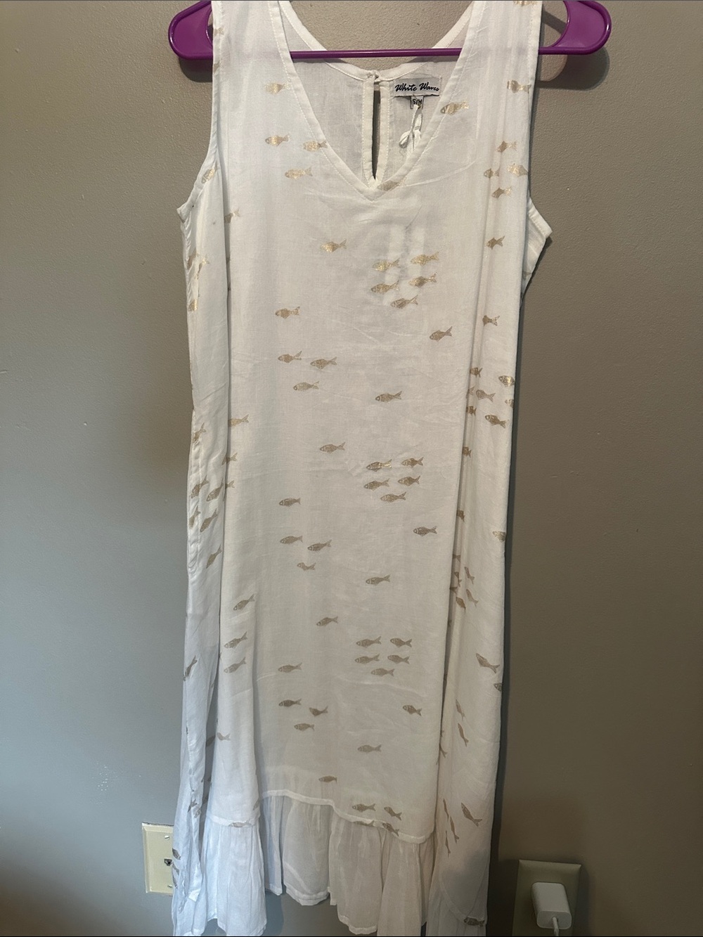 White Sleeveless Swim Coverup Dress with Gold Fish Motif